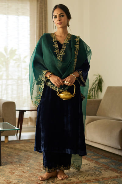 Blue and green embroidered velvet kurta set