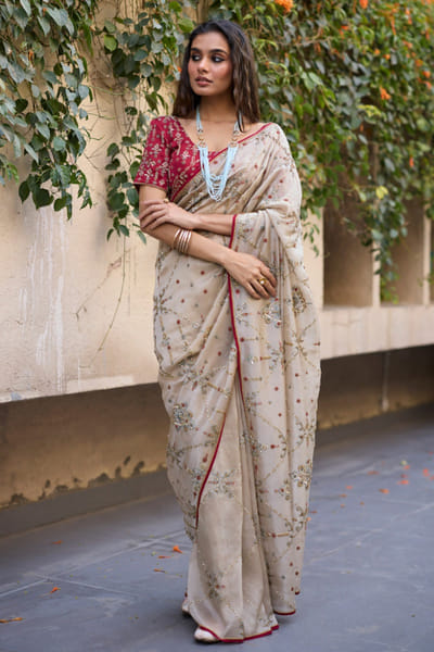 Sarang Kaur Grey hand embroidered sari set SARAMAY26D144059