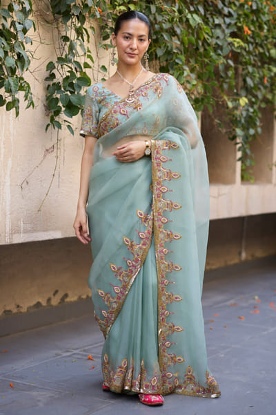 Sarang Kaur Blue hand embroidered sari set SARAMAY26D144060
