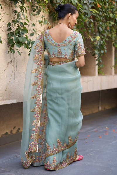 Sarang Kaur Blue hand embroidered sari set SARAMAY26D144060