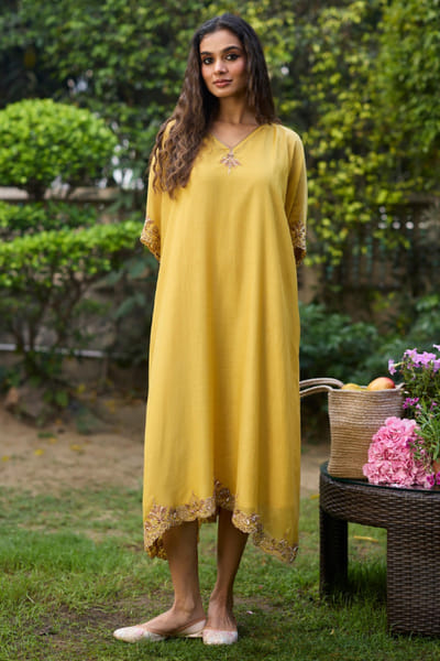 Sarang Kaur Yellow hand embroidered kaftan SARAMAY26D144063