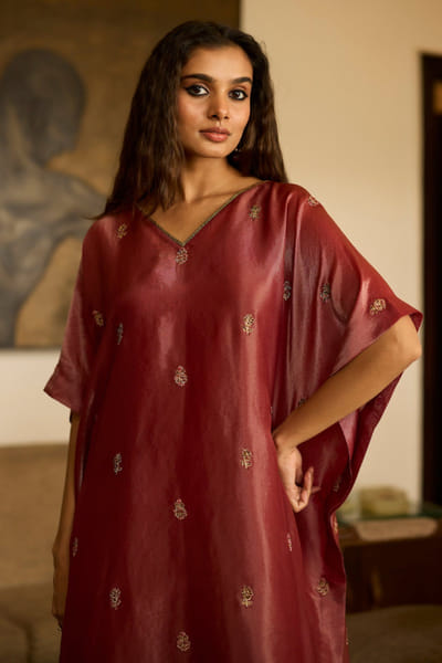 Sarang Kaur Rust hand embroidered kaftan SARAMAY26D144065