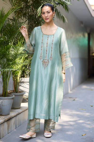 Sarang Kaur Teal hand embroidered kurta set SARAMAY26D144070