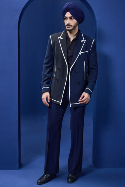Sarab Khanijou Navy blue and black twill blazer jacket set SARAMAY26D144198