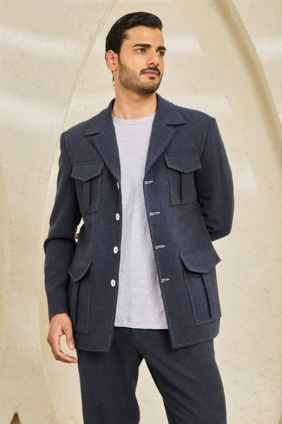 Sarab Khanijou Midnight blue thread detailed shacket set SARAJUL26D149511