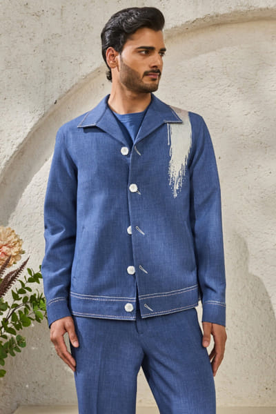 Sarab Khanijou Blue contrast thread embroidered shacket set SARAJUL26D149512