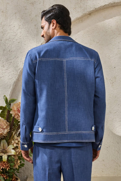 Sarab Khanijou Blue contrast thread embroidered shacket set SARAJUL26D149512