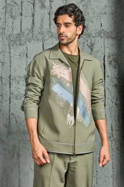 Sarab Khanijou Olive green thread embroidered shacket set SARAJUL26D149514