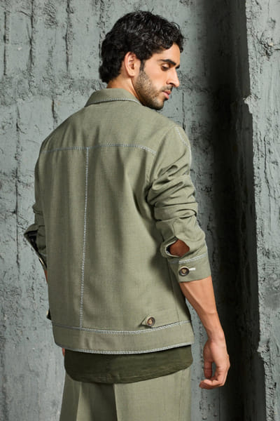 Sarab Khanijou Olive green thread embroidered shacket set SARAJUL26D149514