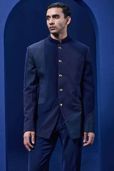 Sarab Khanijou Navy blue suiting bandhgala set SARAMAY26D144169