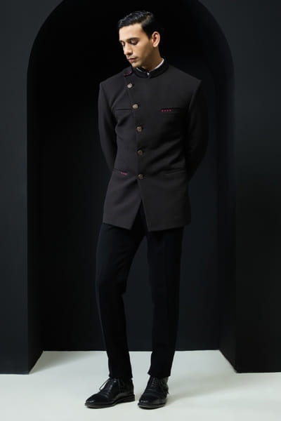 Sarab Khanijou Black solid bandhgala set SARAMAY26D144170