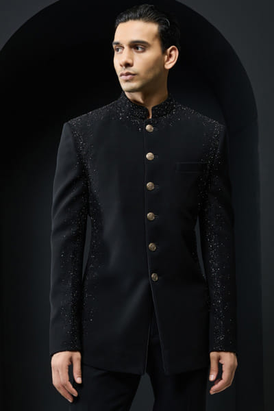 Sarab Khanijou Black pearl embellished bandhgala set SARAMAY26D144171