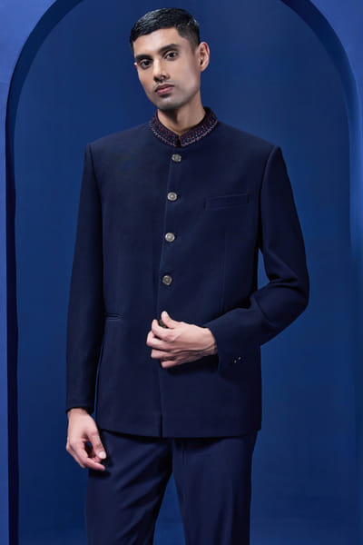 Sarab Khanijou Navy blue sequin embroidered bandhgala set SARAMAY26D144172
