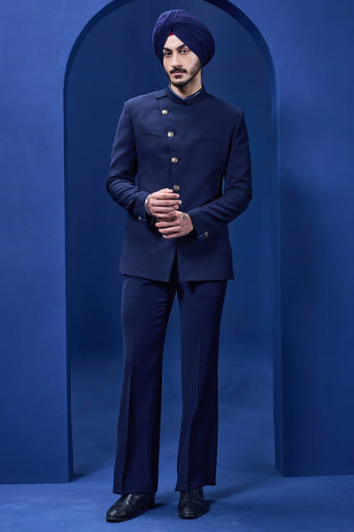 Sarab Khanijou Navy blue solid bandhgala set SARAMAY26D144173