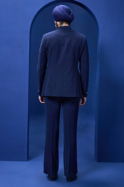 Sarab Khanijou Navy blue solid bandhgala set SARAMAY26D144173