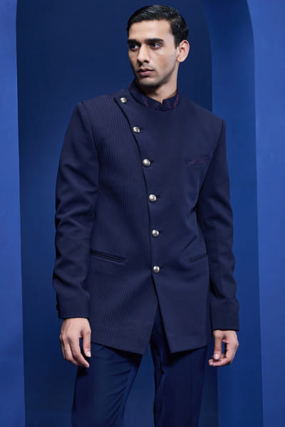 Sarab Khanijou Navy blue pintuck bandhgala set SARAMAY26D144168