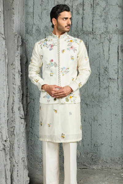 Sarab Khanijou Ivory floral embroidered Nehru jacket set SARAJUL26D148723