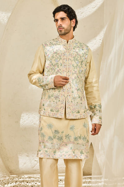 Sarab Khanijou Beige embroidered Nehru jacket set SARAJUL26D148725