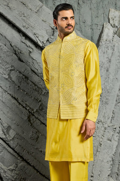 Sarab Khanijou Yellow embroidered Nehru jacket set SARAJUL26D148726