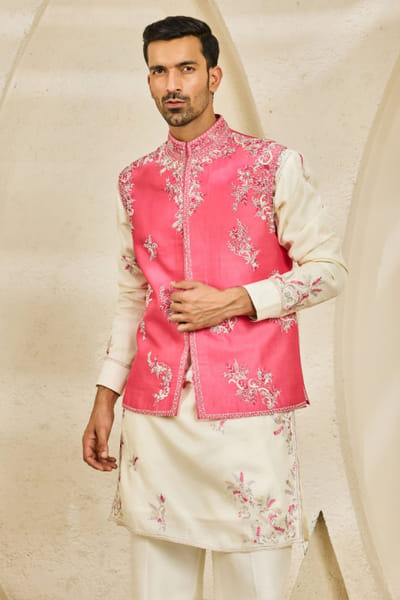Sarab Khanijou Rose pink floral embroidered Nehru jacket set SARAJUL26D148728