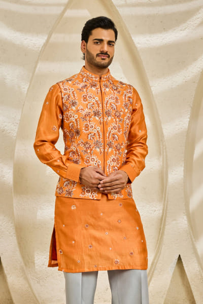 Sarab Khanijou Orange floral embroidered Nehru jacket set SARAJUL26D148730