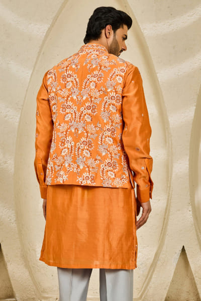 Sarab Khanijou Orange floral embroidered Nehru jacket set SARAJUL26D148730