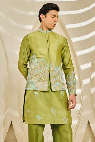 Sarab Khanijou Green embroidered Nehru jacket set SARAJUL26D148731