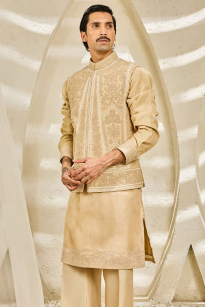 Sarab Khanijou Beige 3D embroidered Nehru jacket set SARAJUL26D148732