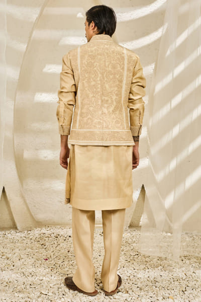 Sarab Khanijou Beige 3D embroidered Nehru jacket set SARAJUL26D148732