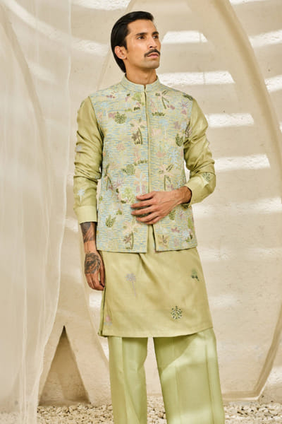 Sarab Khanijou Mint green embroidered Nehru jacket set SARAJUL26D148733