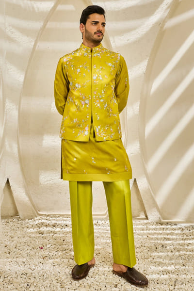 Sarab Khanijou Lime green floral embroidered Nehru jacket set SARAJUL26D148734