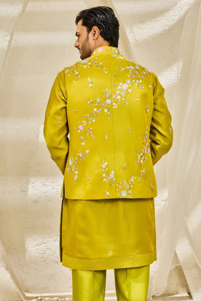 Sarab Khanijou Lime green floral embroidered Nehru jacket set SARAJUL26D148734
