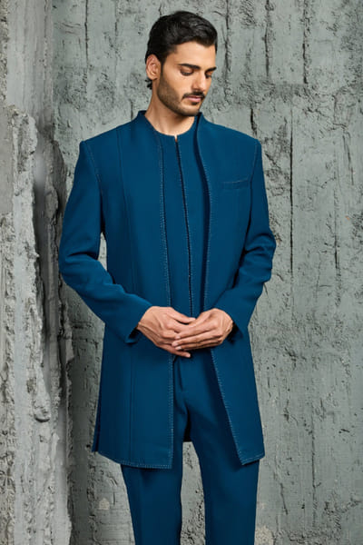 Sarab Khanijou Teal thread embroidered open jacket set SARAJUL26D149534