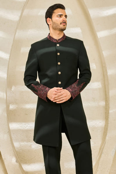 Sarab Khanijou Green hand embroidered structured jacket set SARAJUL26D149538