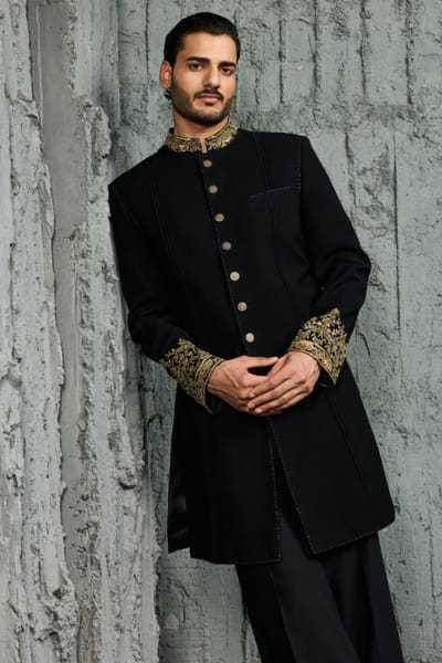 Sarab Khanijou Black hand embroidered structured jacket set SARAJUL26D149540