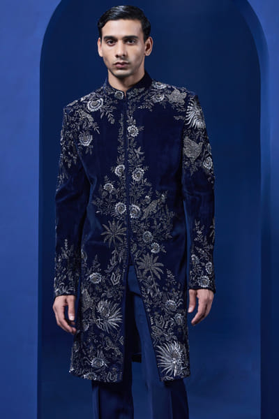 Sarab Khanijou Navy blue zari embroidered Indo-Western set SARAMAY26D144179