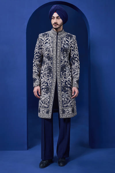 Sarab Khanijou Navy blue pearl embellished Indo Western set SARAMAY26D144181