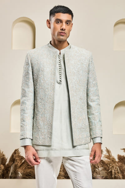 Sarab Khanijou Ice blue thread embroidered bandhgala set SARAMAY26D245376