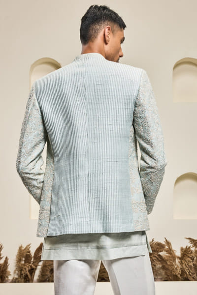Sarab Khanijou Ice blue thread embroidered bandhgala set SARAMAY26D245376