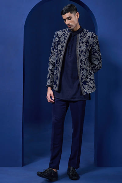 Sarab Khanijou Navy blue sequin embroidered velvet bandhgala set SARAMAY26D245377