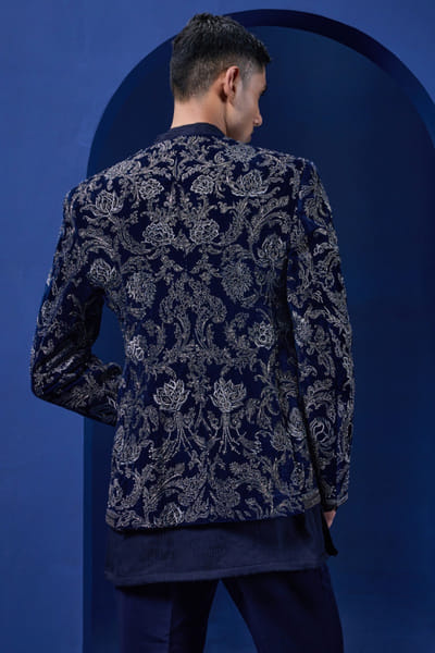 Sarab Khanijou Navy blue sequin embroidered velvet bandhgala set SARAMAY26D245377