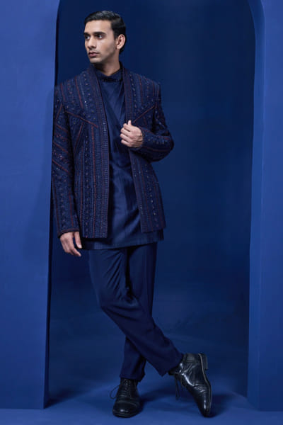Sarab Khanijou Navy blue thread embroidered bandhgala set SARAMAY26D245378