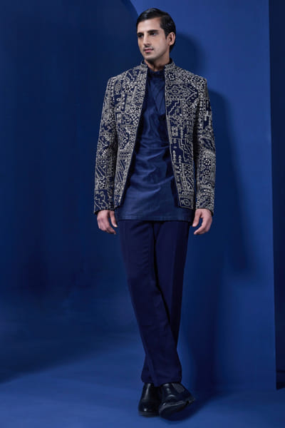 Sarab Khanijou Navy blue pearl embroidered bandhgala set SARAMAY26D245381