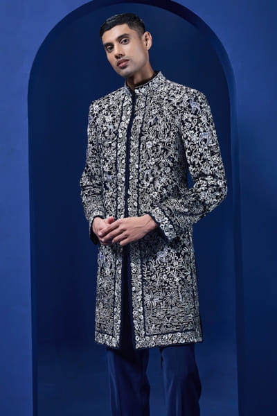 Sarab Khanijou Navy blue sequin embroidered Indo-Western set SARAMAY26D144186