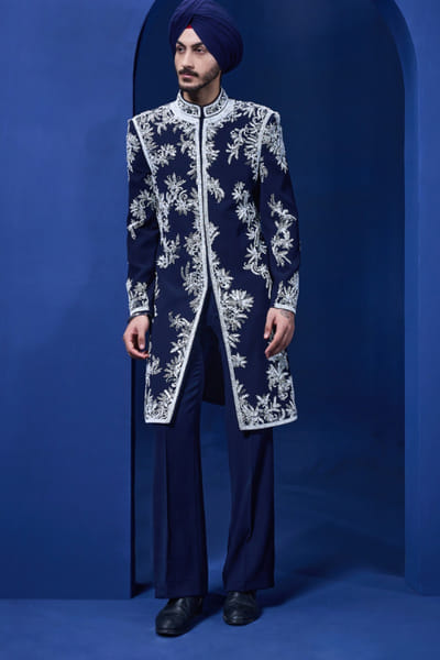 Sarab Khanijou Navy blue pearl embroidered Indo- Western set SARAMAY26D144195