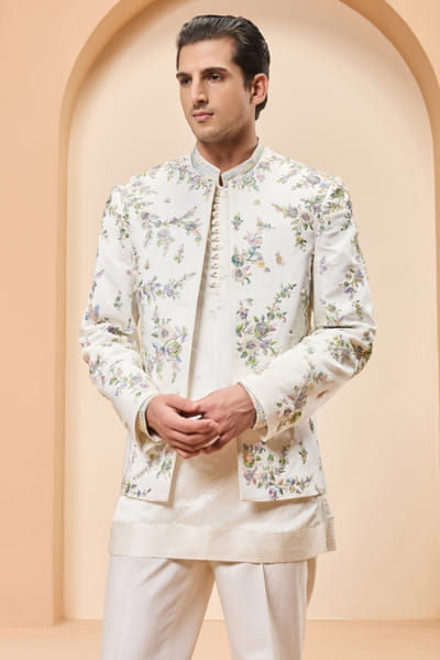Sarab Khanijou Ivory thread embroidered bandhgala set SARAMAY26D245384