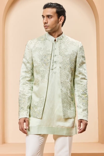 Sarab Khanijou Green thread embroidered bandhgala set SARAMAY26D245385