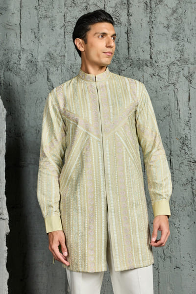 Sarab Khanijou Mint silk thread embroidered floral kurta set SARAJUL26D148748