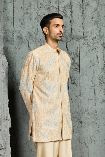 Sarab Khanijou Beige cutdana embroidered palm motif kurta set SARAJUN26D146949