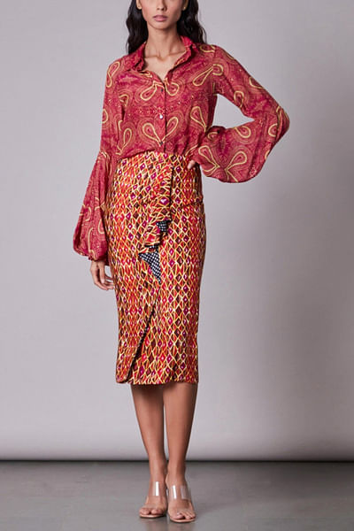 Pink printed blouse and wrap skirt